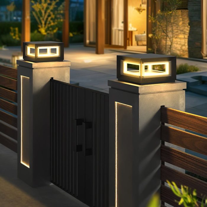 Light Cube Outdoor Post Light - L 9.8″ x W 9.8″ x H 5.5″ / L 25cm x W 25cm x H 14cm / Model B: Solar-Powered Version / Cool Light